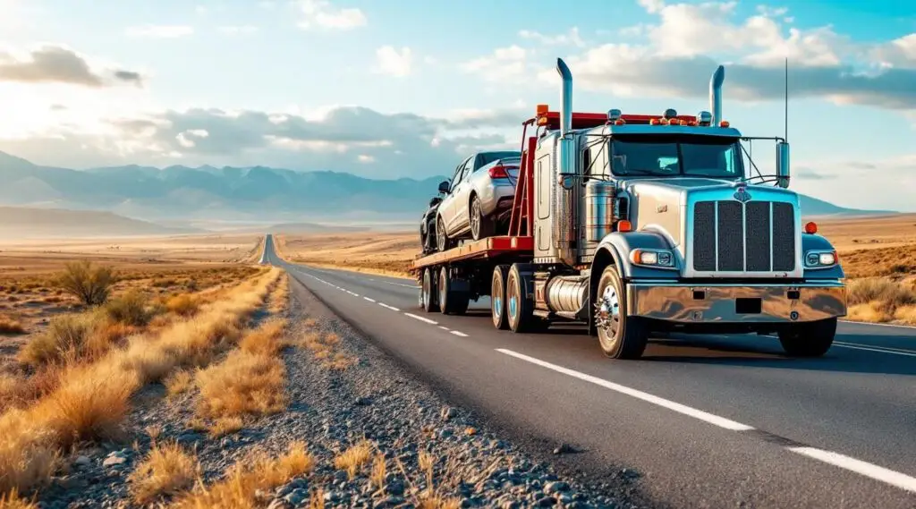 A professional flatbed tow truck transporting a family SUV along a highway near Kansas City during sunset.