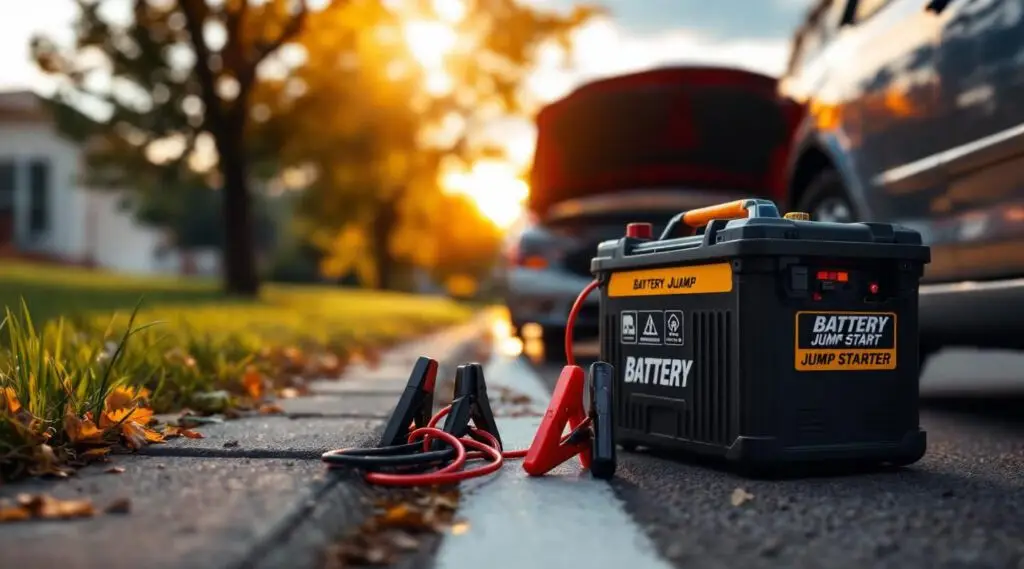A professional tow truck driver using a portable power pack to jump start a dead battery for a stranded motorist in Kansas City.