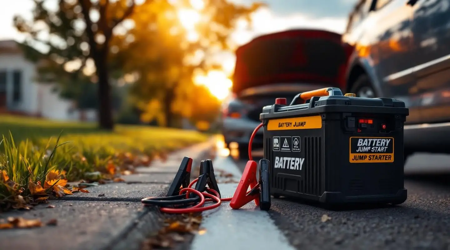 A professional tow truck driver using a portable power pack to jump start a dead battery for a stranded motorist in Kansas City.