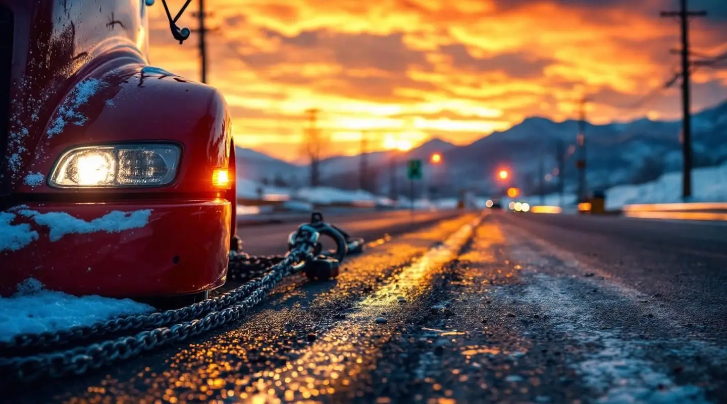 Professional flatbed tow truck operator securing a car on a Kansas City roadside at dusk.