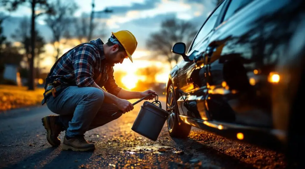 A professional roadside technician using a specialized air wedge tool to safely unlock a vehicle door in Kansas City.