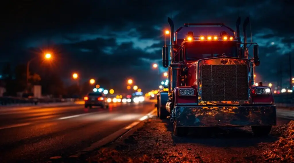 A professional flatbed tow truck with amber safety lights assisting a stranded minivan on a Kansas City highway at night, cinematic lighting.