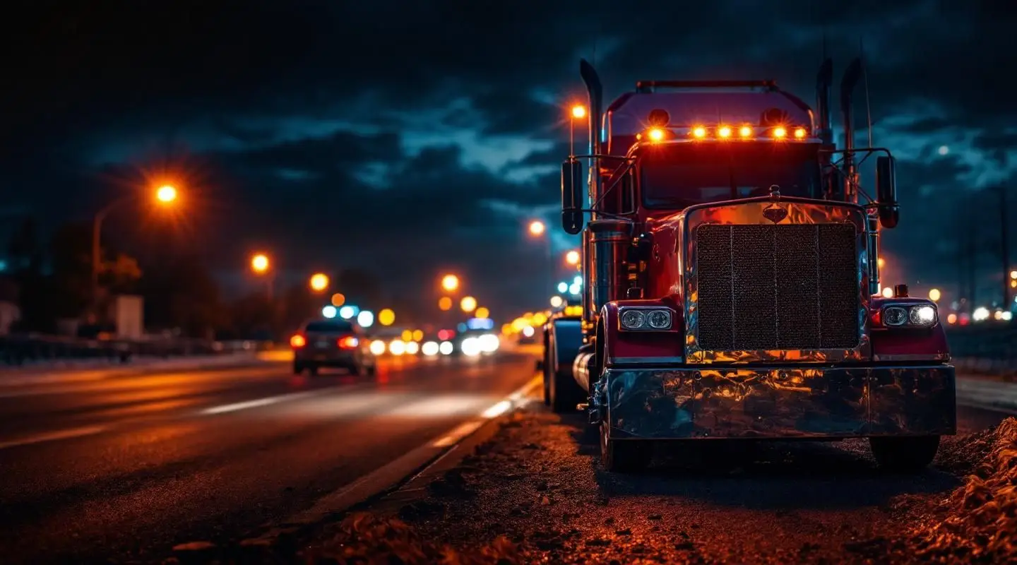 A professional flatbed tow truck with amber safety lights assisting a stranded minivan on a Kansas City highway at night, cinematic lighting.