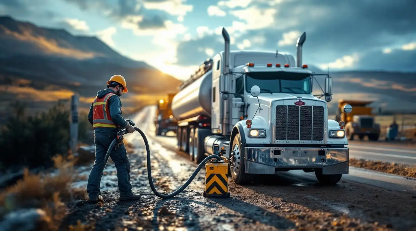 Professional roadside technician delivering fuel to a stranded vehicle on a Kansas City highway shoulder at dusk.