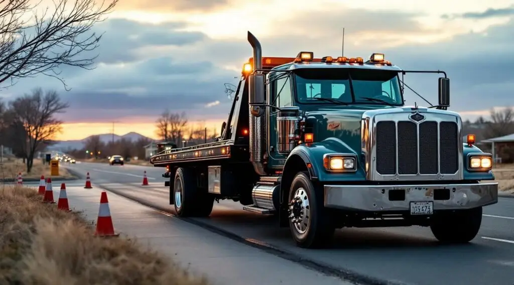 Professional flatbed tow truck loading a car on a Kansas City street at dusk, showcasing damage-free hydraulic tilt deck.