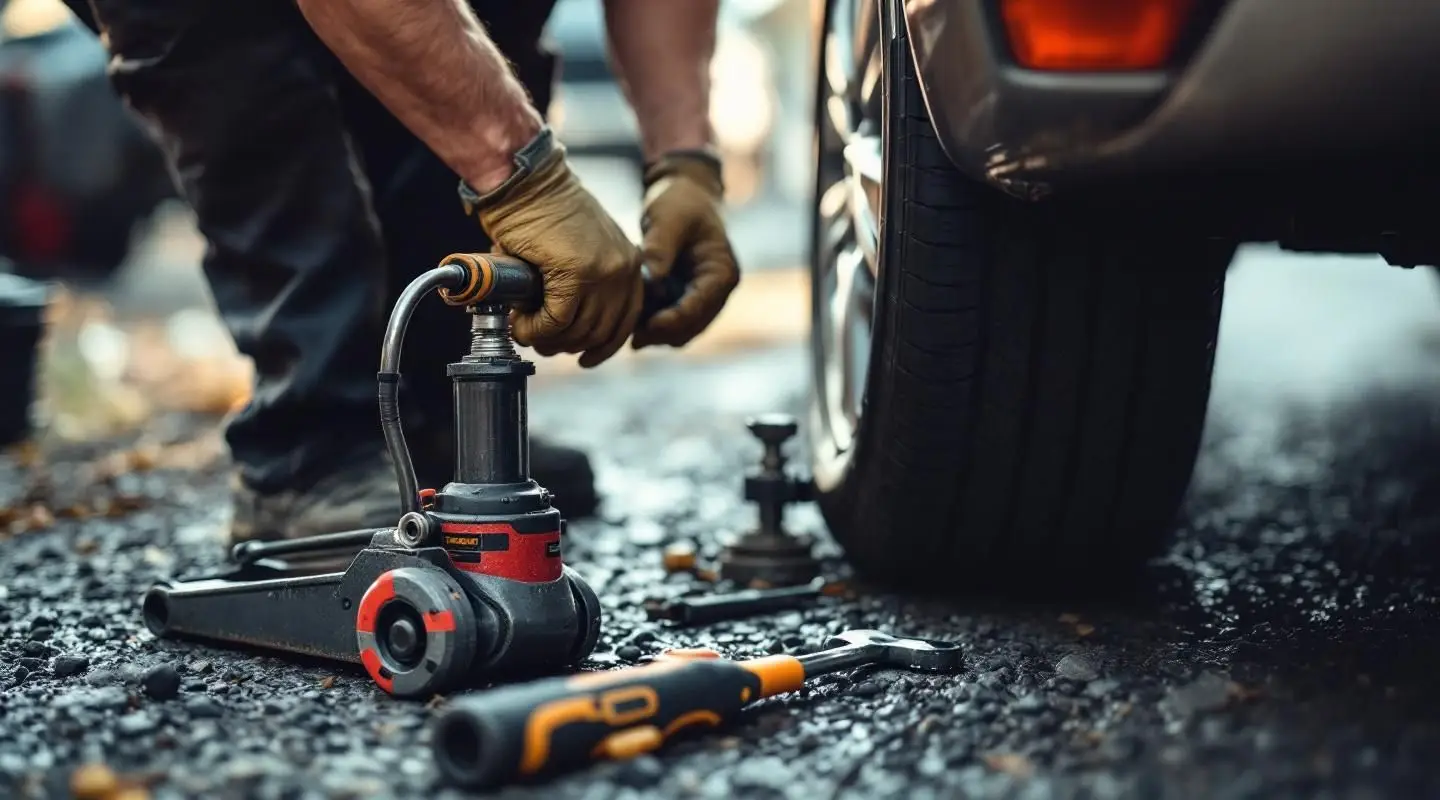 A professional tow truck technician changing a flat tire on a family SUV along a busy Kansas City highway at sunset.