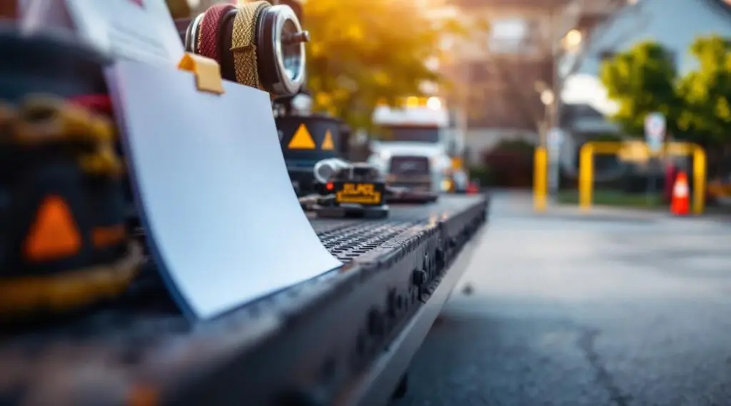 Professional tow truck operator preparing to remove an unauthorized vehicle from a marked Kansas City commercial parking zone.