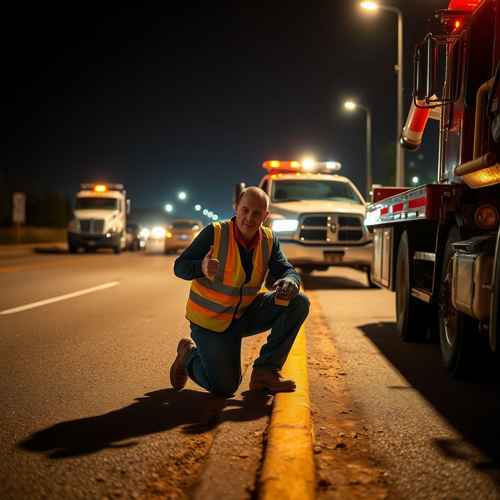 A professional tow truck operator in a safety vest consulting with a motorist next to a disabled car on a residential Independence street.