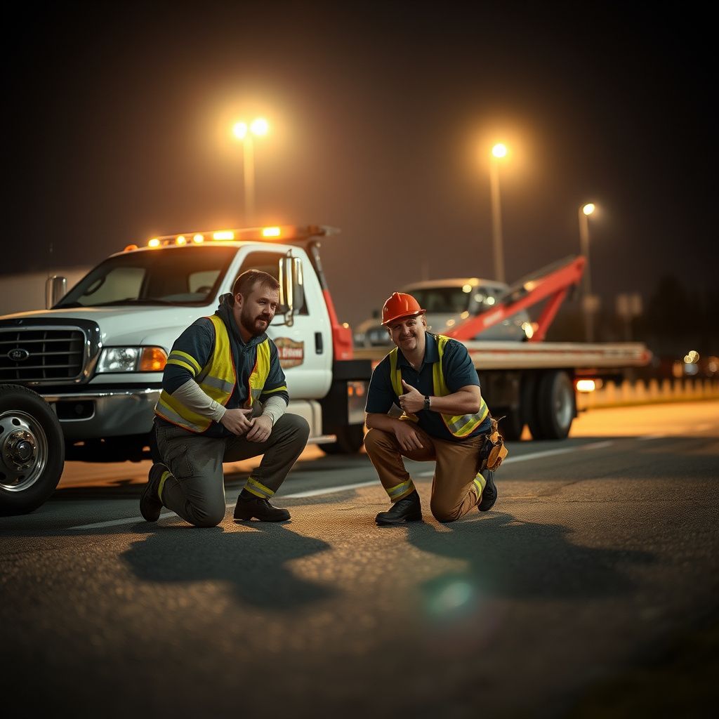 A tow truck driver in a safety vest greeting a customer and preparing to provide a jump start in Belton.
