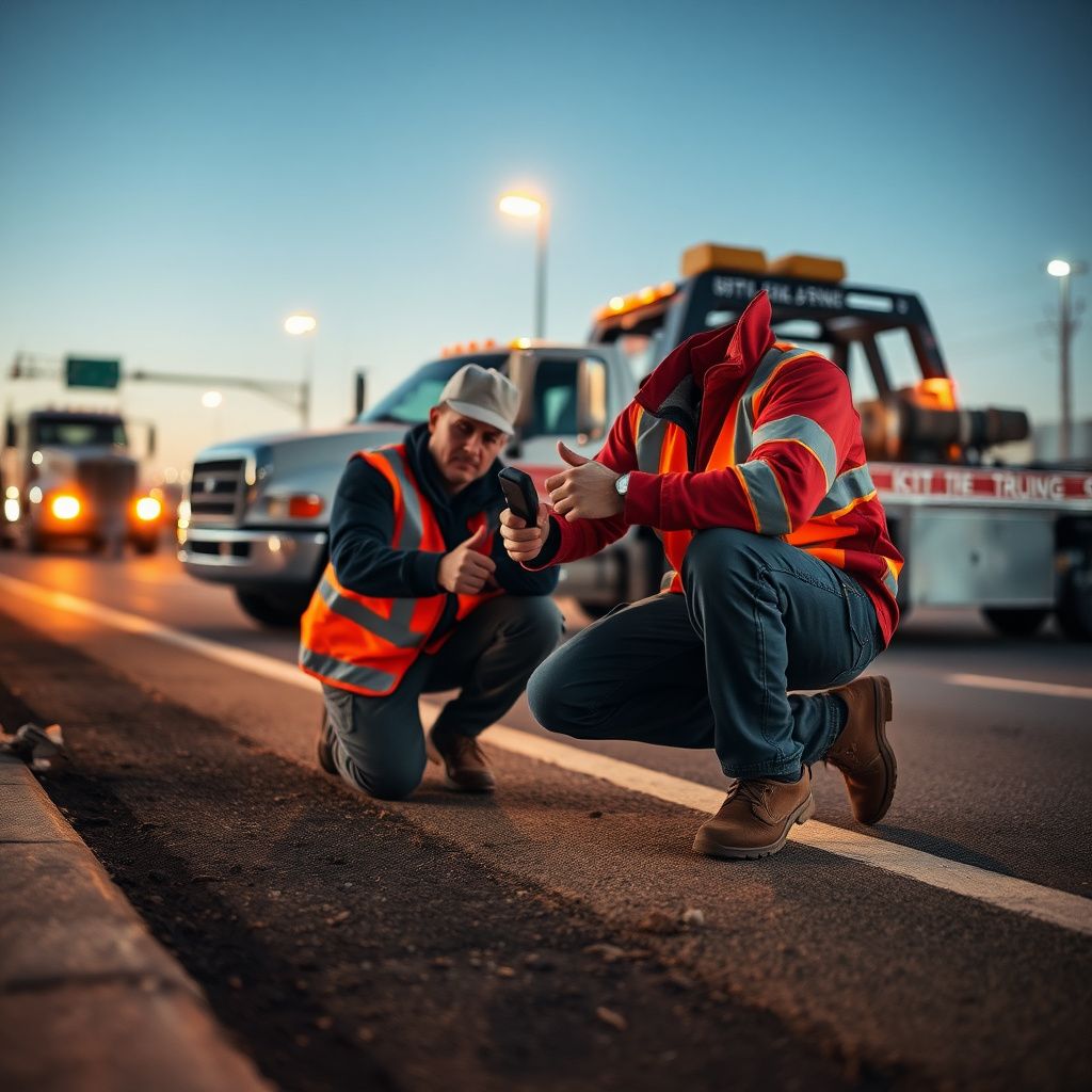 A tow truck with bright amber safety beacons assisting a stranded motorist on the shoulder of I-35 in North Kansas City.