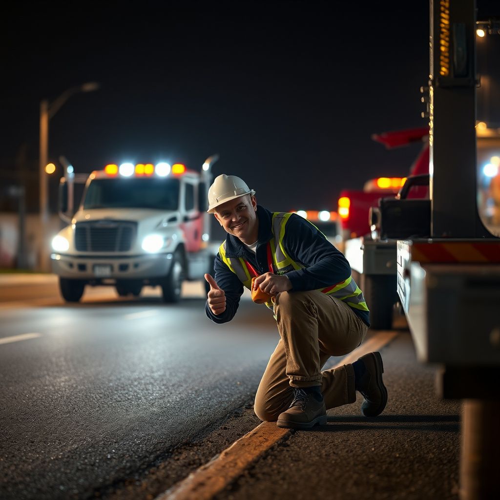A close-up of a tow truck's amber safety lights flashing while the operator assists a motorist in a Lee's Summit neighborhood.