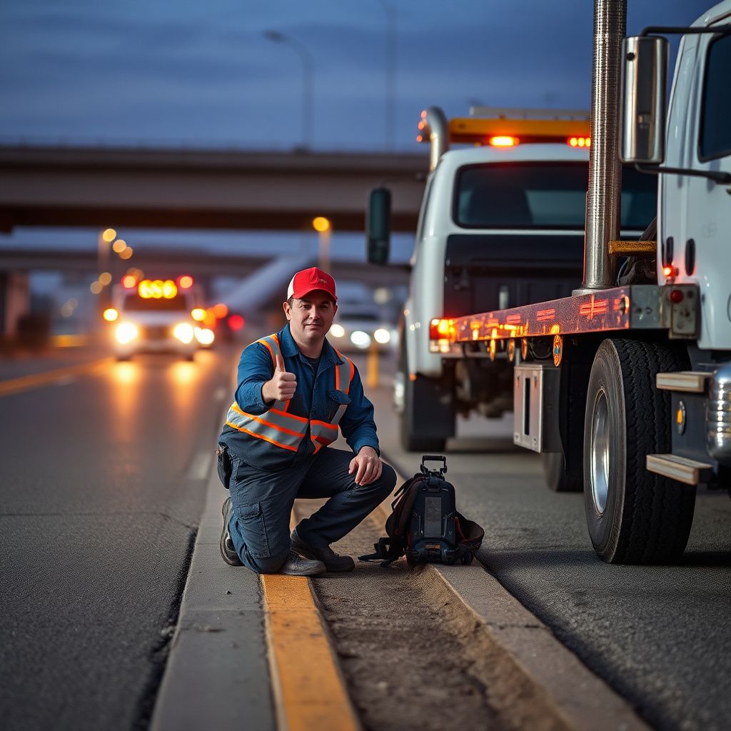 A clean, modern tow truck operator professionally greeting a customer in a Kansas City residential neighborhood.