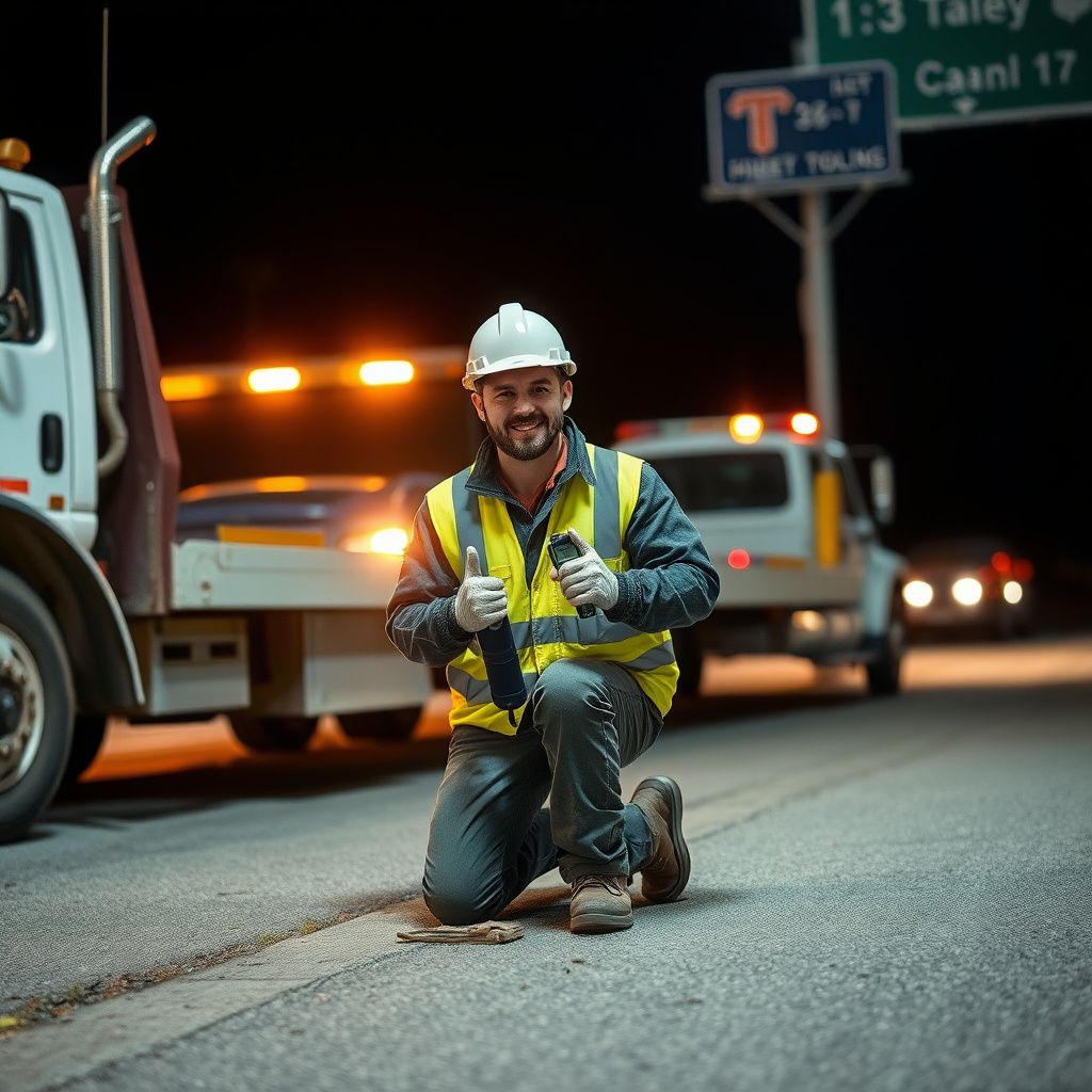 A close-up of a tow truck's safety lights flashing at night, providing a secure perimeter for a roadside repair.