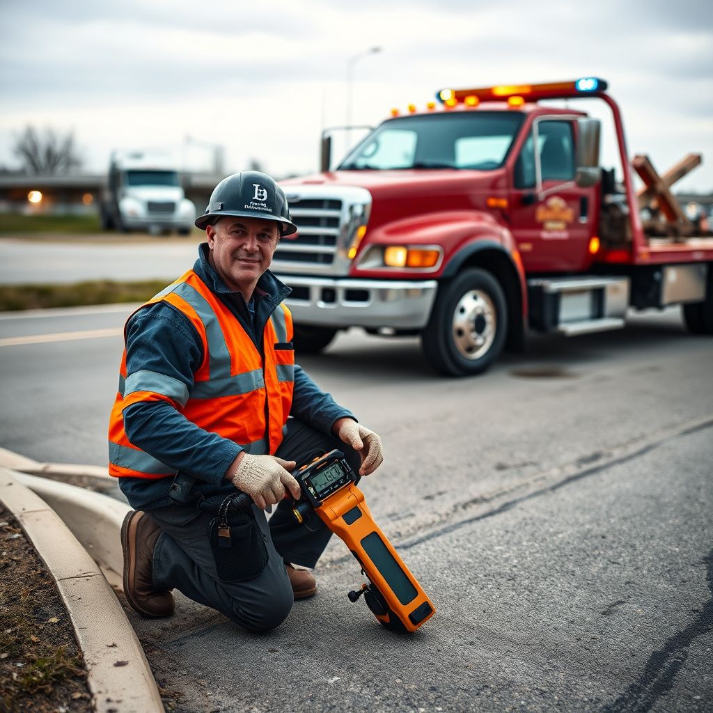 A professional tow truck driver using a winch out service to safely recover a vehicle stuck in a ditch on a rural Liberty road.