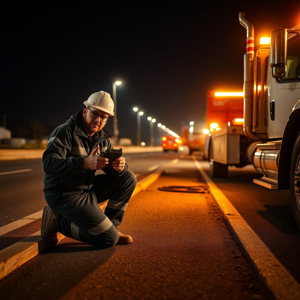 A professional tow truck driver in a safety vest communicating with a stranded motorist on a wooded Parkville road.